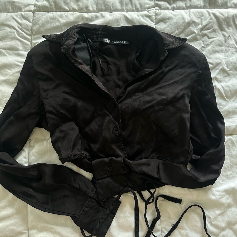 Zara Black Satin Tie-Waist Button-Up Blouse